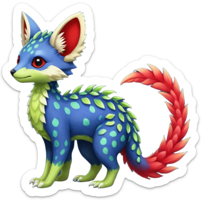 Feral Rare Fantasy vibrant tropical red and indigo and lime-collred Vernid-Trico-species-creature by LiLaiRa, random markings, tufted tail, tufted ears, full body sticker