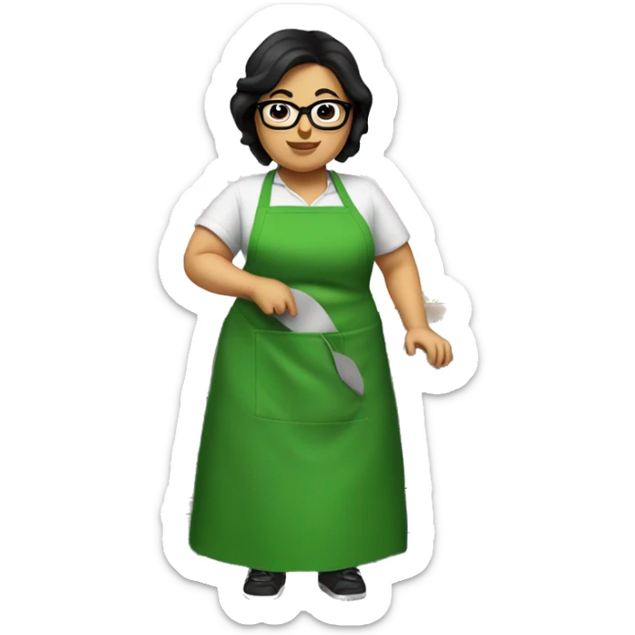 chubby lady with black hair green apron  with glasses cooking tacos sticker