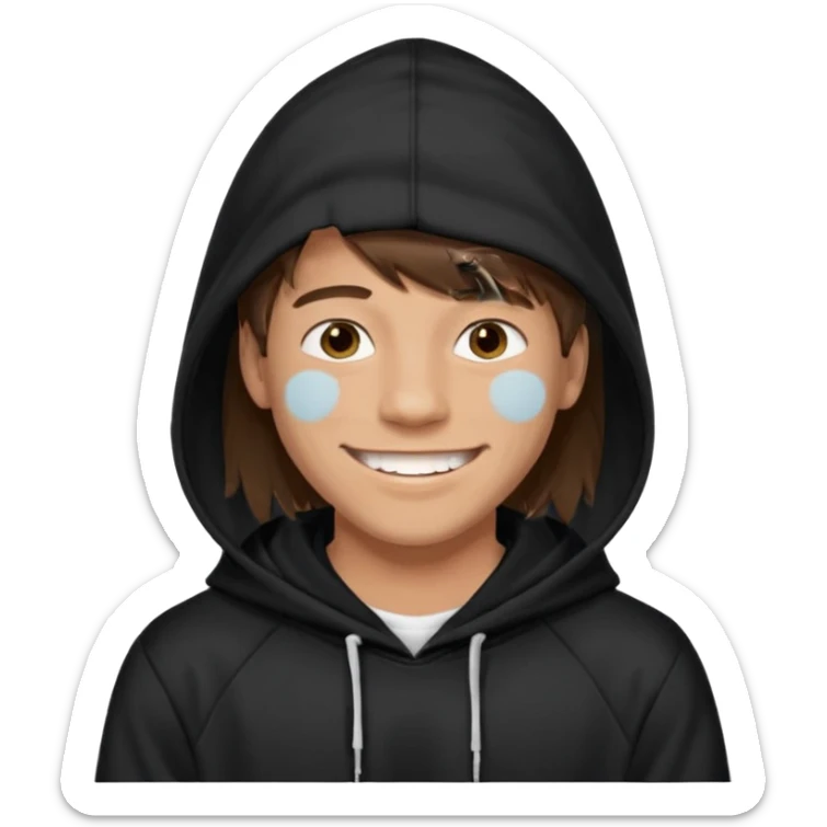 20 yr old man, brown hair, straight, big smile, white teeth, tanned skin, bangs, black hooded sweatshirt, long hair in back, center-parted bangs sticker