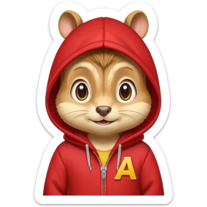 Portrait of a cute cartoon chipmunk with light brown and beige fur, wearing a red hoodie no zip with a yellow 'A' on it, big round eyes, small nose, and a mischievous grin, front-facing, stylized in animated movie style sticker
