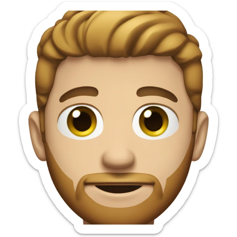 White male, car sales man, age 25, brown hair, short beard, beard is not connected to a mustache, no mustache, green/blue eyes sticker