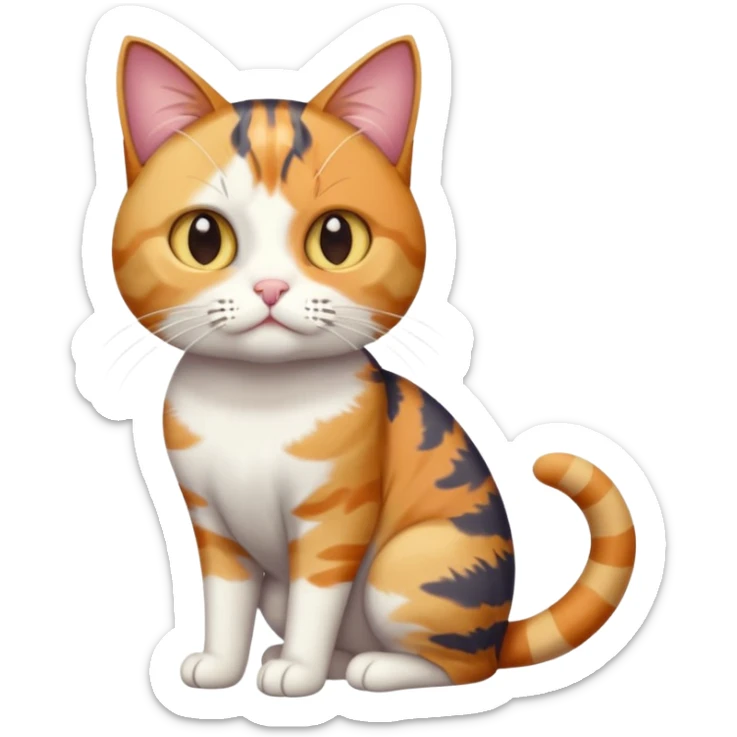full body colourful calico tabby cat with disproportioned head with an anxious face and fully white front legs sticker