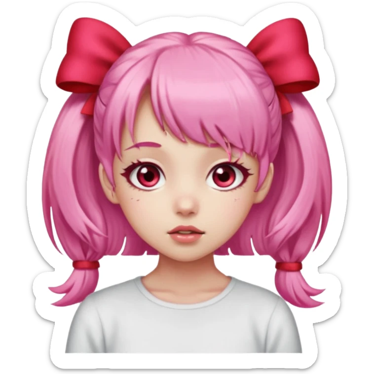 Faz uma garota de pele clara Seus olhos são grandes e rosa-avermelhados, sempre brilhantes e emotivos. O cabelo é rosa claro, preso em dois rabos de cavalo laterais com laços vermelhos, e sua franja é cheia, caindo sobre a testa de forma suave. sticker