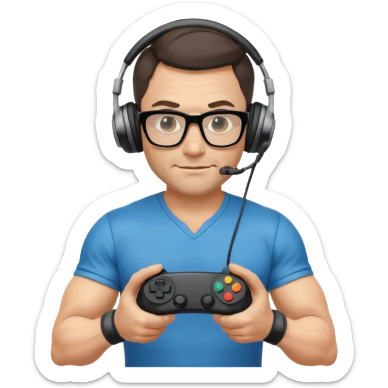 
gamer, Very fit muscular 40-year-old with youthful looks glasses, headphone, gamepad sticker