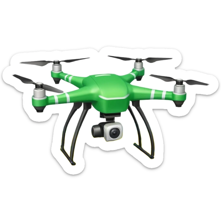 Agriculture drone sticker, spraying crops from above, green and yellow color, simple flat vector illustration, white outline, transparent background sticker