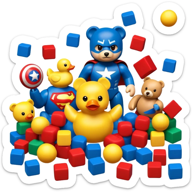 various colorful toys scattered together - teddy bear, rubber duck, toy blocks, ball, and action figures sticker