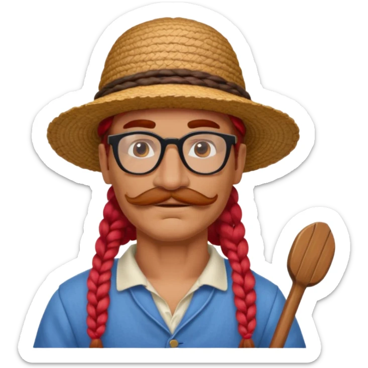 venice gondolier with long red braided hair, iconic hat, normal glassess and mustache sticker