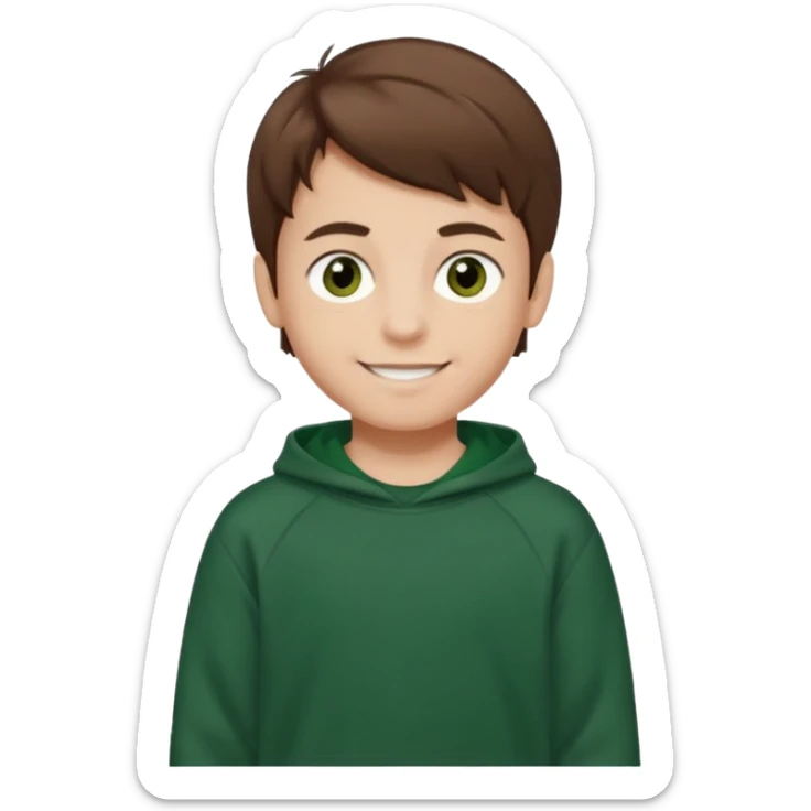 a smiling boy with brown hair and white skin with dark eyes and he is wearing a dark green sweatshirt sticker