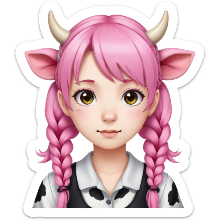 En anime-jente med rosa lange fletter, ku-horn og ku-ører sticker