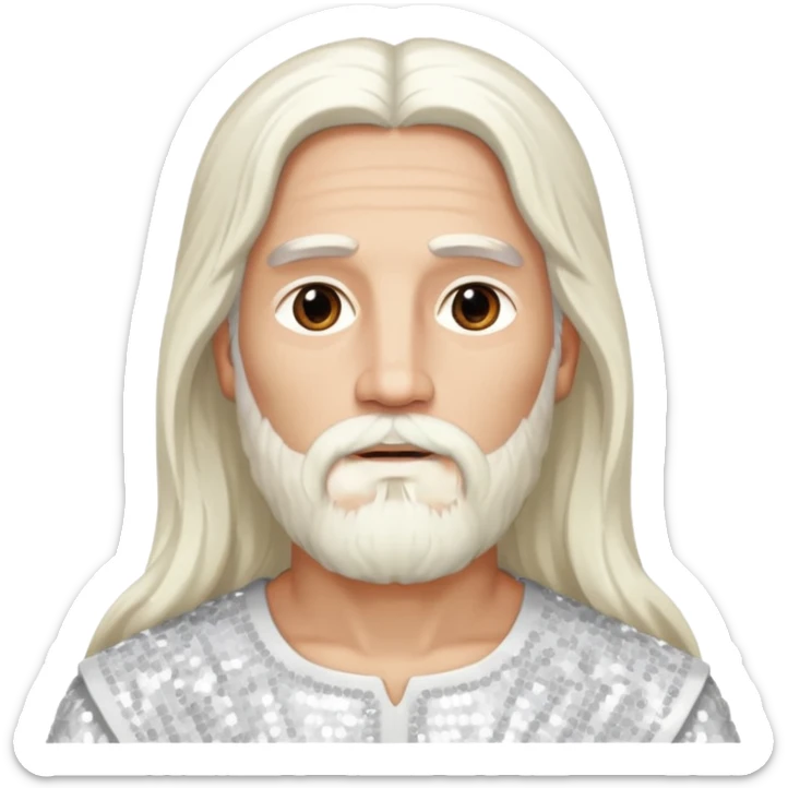 Jesus, Son of God from Gods and Goddesses with long white hair and beard, white sequin outfit sticker