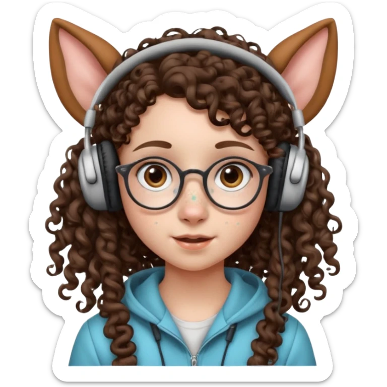 brunette kid with unique face features and very curly long hair kid girl neutral and very big nose and ears and dark eyes with freckles kind of nerd looking and headphone wearing sticker