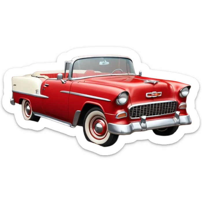 1955 Chevrolet Bel Air Convertible, Red-White color, with a bucket of brown mud pouring down on it, and the car itself is covered in brown mud on the sides that has stuck.32x32 pixels, aspect ratio: 1:1 sticker