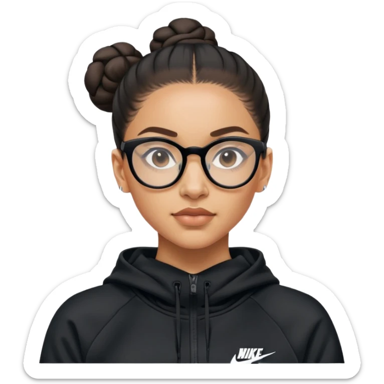 lightskin woman with slick back bun. wearing nike black hoodie. with glasses on sticker