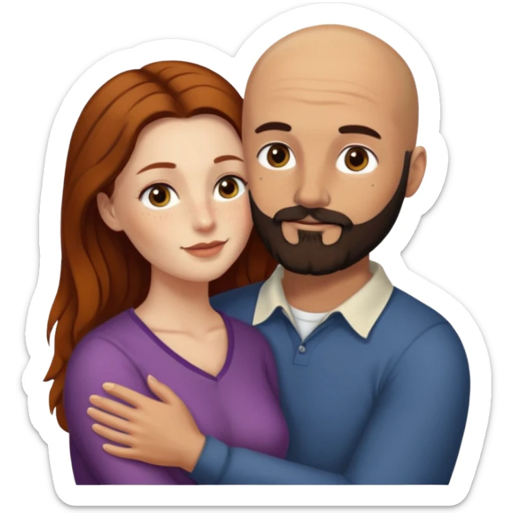 Couple. Bald man with dark brown-black beard. White woman with many small, faded freckles, she has white skin and she has auburn-yellow-brown-cinnamon, dark long hair. She has light brown eyes. The man have hazel eyes. Retro style. They hug. sticker