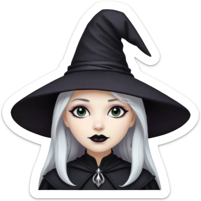 White hair pale skin woman with black lipstick, black eyeshadow, gothic style wearing a witch hat sticker