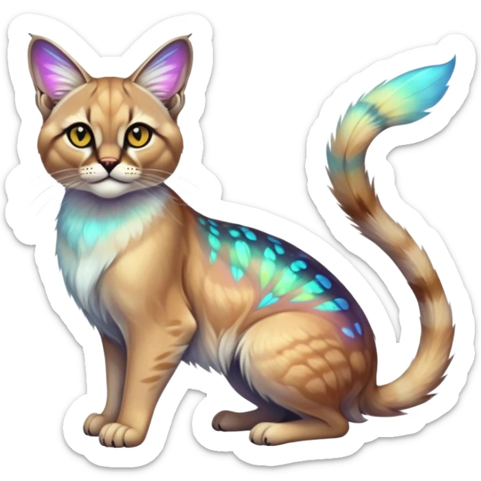 Colorful Neon exotic ethereal iridescent tropical shiny Fantasy-Siamese-Bobcat-Caracal-Moth-Scottish-Fold-feline-Fakémon-feline-hybrid (full body) sticker