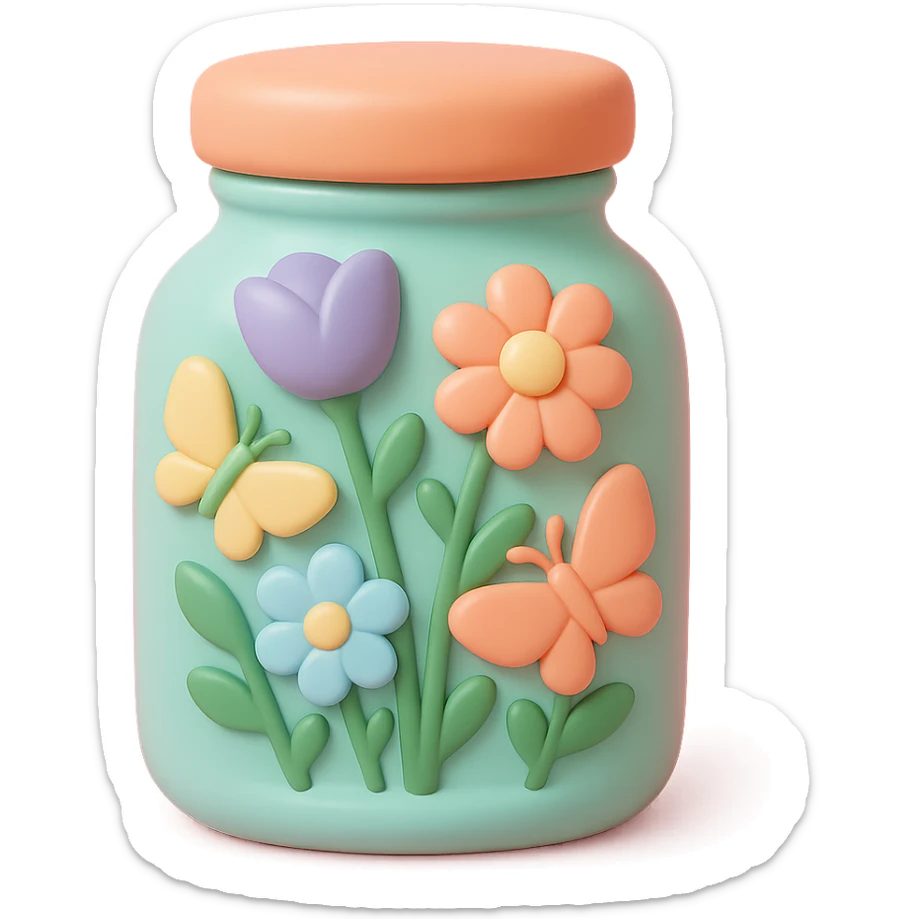 glass jar filled with forest flowers and butterflies, vinyl figure style sticker