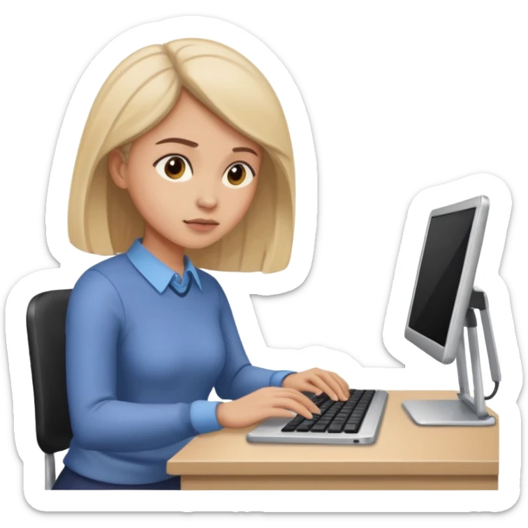 a woman concentrating on her work at a desk, with a keyboard and a laptop visible sticker