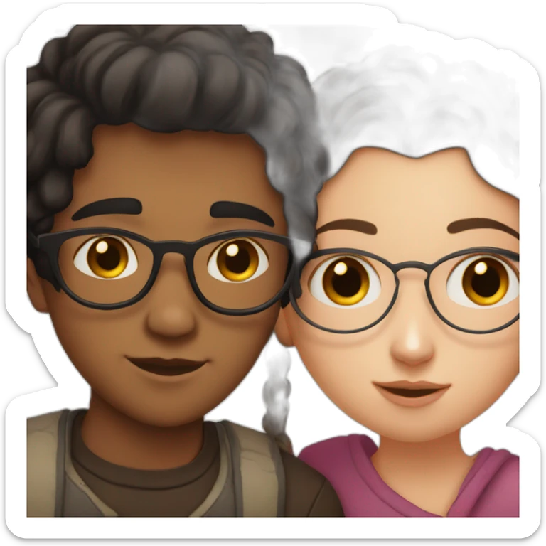 White girl with dark brown hair without glasses and indian boy with glasses and black hair kiss sticker