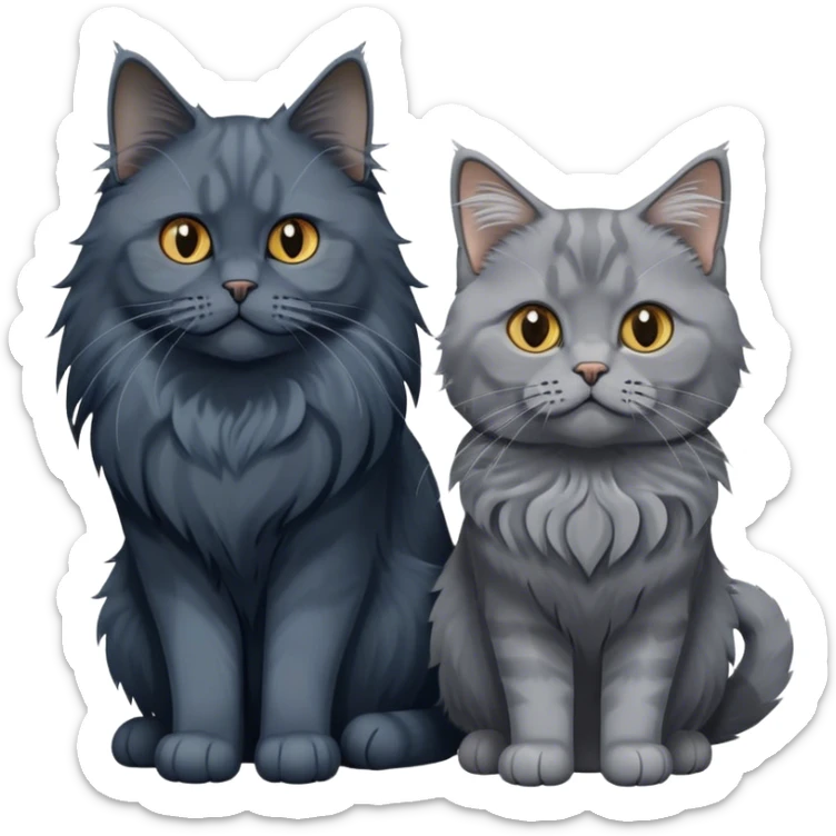 Portrait of a black smoke Maine Coon cat with long grey ear tufts, alongside a British Shorthair cat with a solid blue coat. Both cats with detailed fur textures and playful expressions. Soft, elegant background of room with warm, natural tones. Transparent background. sticker