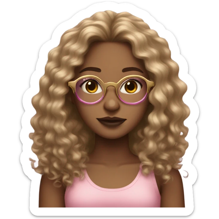 long haired wavy curly girl with dirty gold glasses and light skintone with light igari pink makeup  sticker
