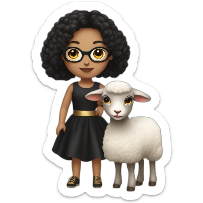 Girl with golden glasses, black hair, black dress, riding on a lamb sticker