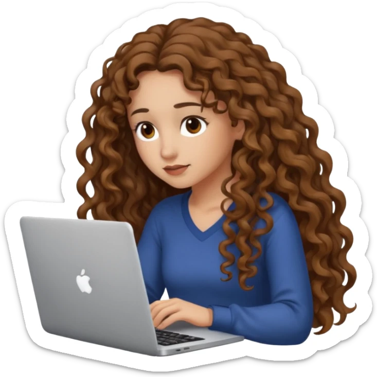 A young woman with too mach long curly brown hair, she has light, white skin, she has brown eyes, her eyes are lowered into the laptop she holds in her hands sticker