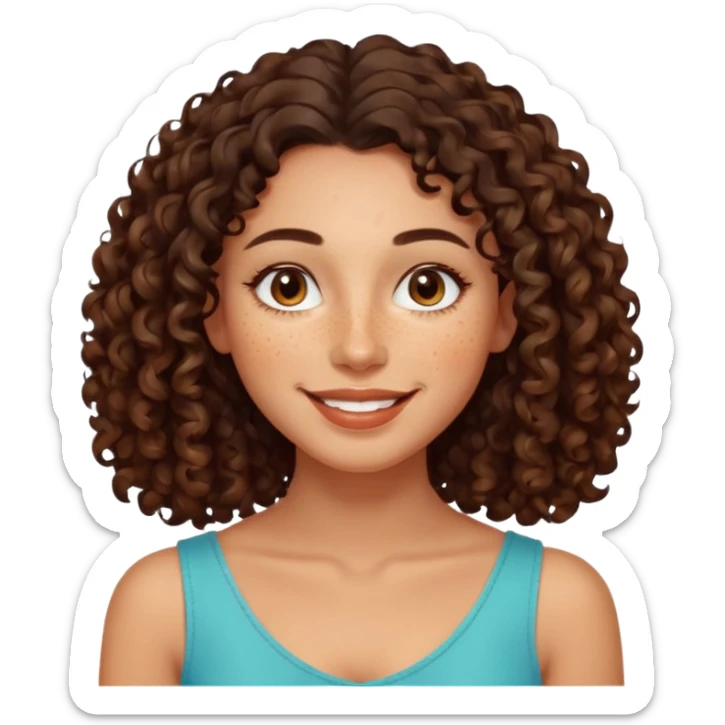 realistic emoji of a smiling woman with dark natural curly shoulder-length hair, full lips, visible freckles, almond-shaped eyes, proportionate nose, glowing complexion, warm comforting expression sticker