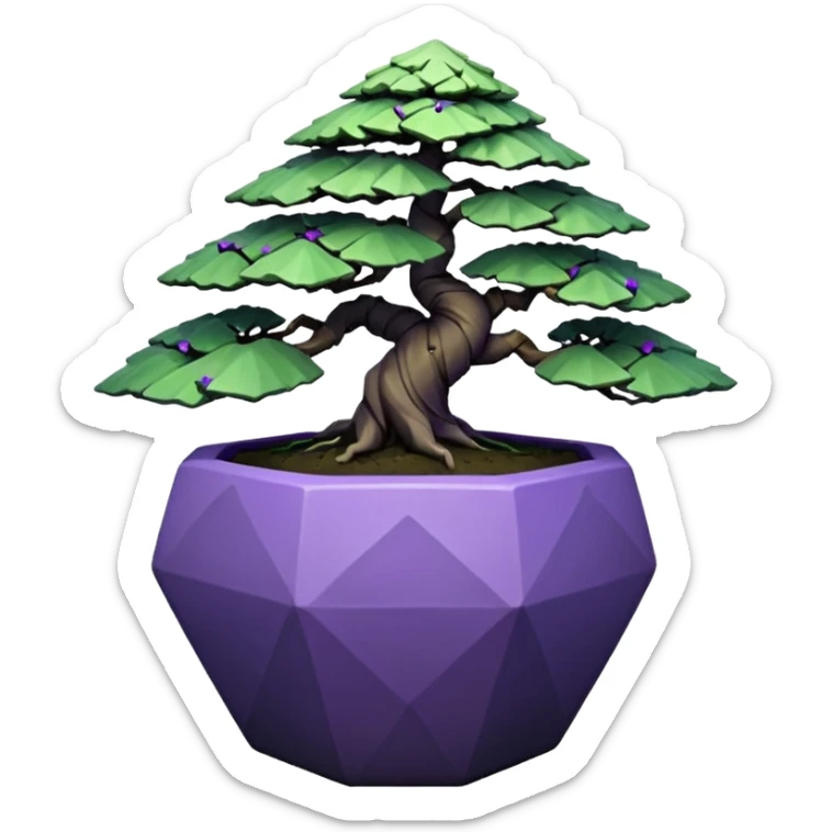  Earthenware small short squat cascading black green-violet bonsai pot plant purple hair-leaf pine tree with triangular angular polygonal faceted asymmetrical originally shaped pot sticker