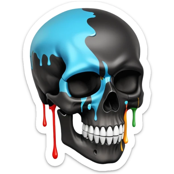 smooth black skull with street art colors and brand logos painted within the skull's surface, minimal paint drips that don't extend past skull outline, angled view sticker