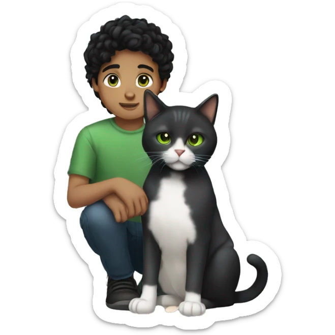  boy with black hair and brown eyes holding a dark gray cat with green eyes sticker