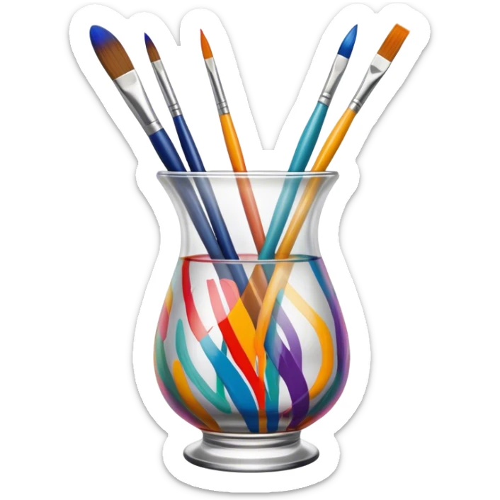 Glass painting icon, colorful brushstrokes on a glass vase, intricate painted patterns on the surface, visible fine paintbrush and palette beside it, no liquid inside the vase, minimalistic style, clean lines, transparent background. sticker