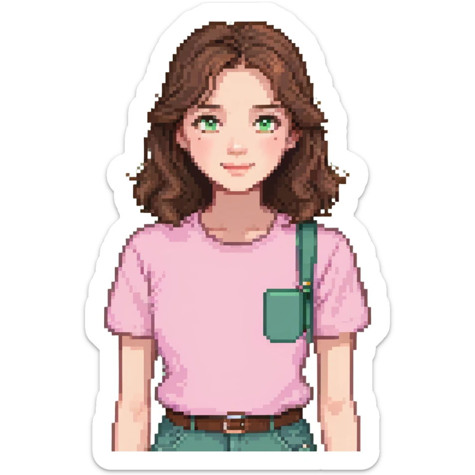 teacher with brown hair, white skin, wearing a pink t-shirt sticker