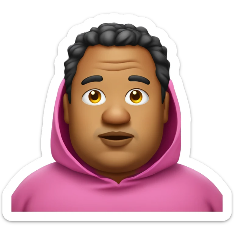 fat man with big ears wearing pink poncho, closed eyes, big lips with visible yellow teeth, duble chin and with a potato nose black messy hair sticker