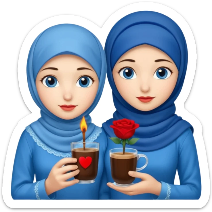 Turkish beautiful finish Konya two girls blue eyes with blue hijab islamic dress and had on her hand Rose Cold turkish coffee   sticker
