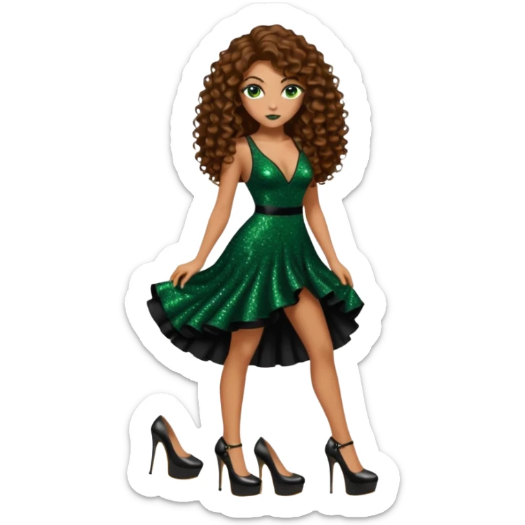 green eyes brown long curly hair woman, mafia boss style with 7 inch platform stripper high heels black glitter dress, Los Angeles Spanish style black outfit sticker