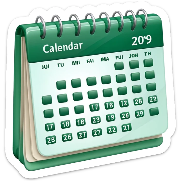 A glossy 3D icon of a clean digital calendar with green (#16A34A) accent highlights, floating pages, subtle shadows, and a modern SaaS-UI look. Soft reflections, rounded edges, friendly professional style. Represents scheduling and reservation management. sticker