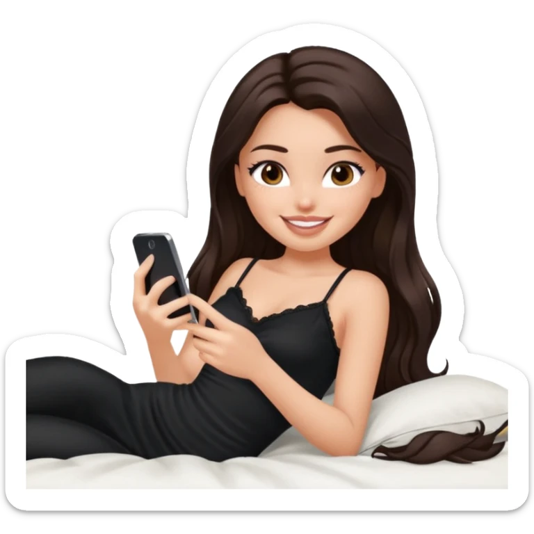 generate a pretty fair bratz girl with long dark brown hair using her phone in bed, smiling . Wearing a black cami sticker