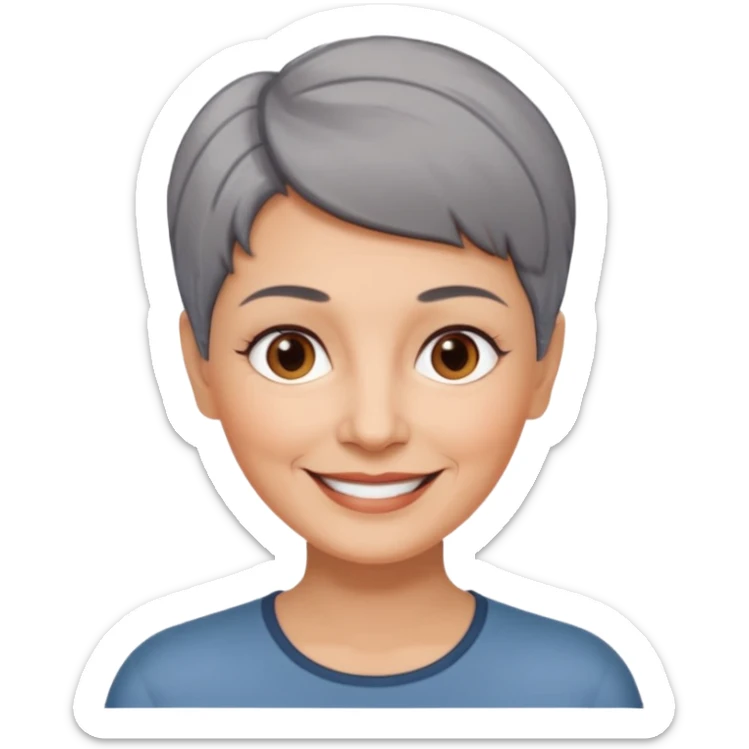 woman 60 years old, shaved short uncombed dark grey hair, brown eyes smile sticker
