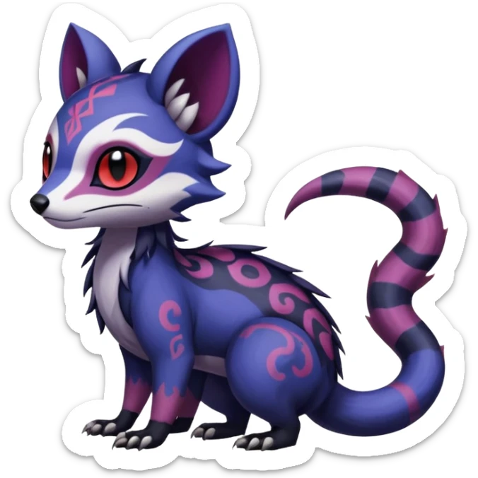 Rare warm-colored exotic gloomy tropical edgy cute epic aesthetic spooky indigo purple white black red gothic colorful Salandit-Furret-Espurr-Meowstic-Civet-species-Fakemon-hybrid-creature, with tribal tattoo markings, full body sticker