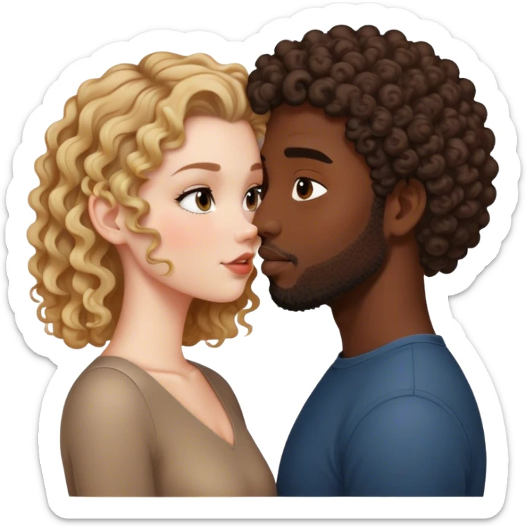 White curly girl with long hair kisses black man with short haircut sticker