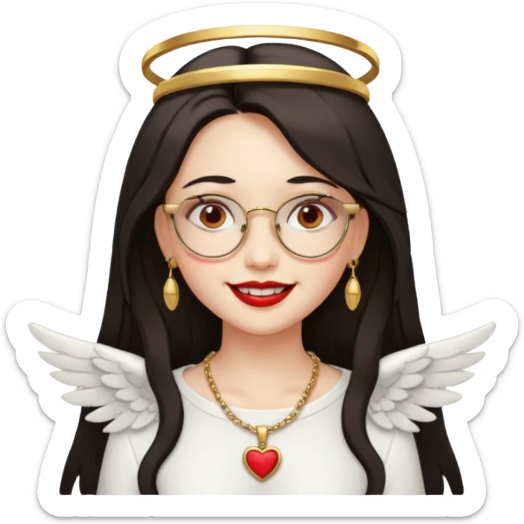 Angel girl with eyeglasses and Middle parted hair long dark hair with red lipstick  and push gold necklaces and dark eyes with withe wings and smile with withe teeth sticker
