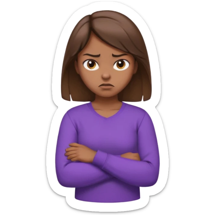 Girl with brown hair crossing arms in front of her chest and making an angry face with a purple longsleeve shirt on and be more pouty sticker