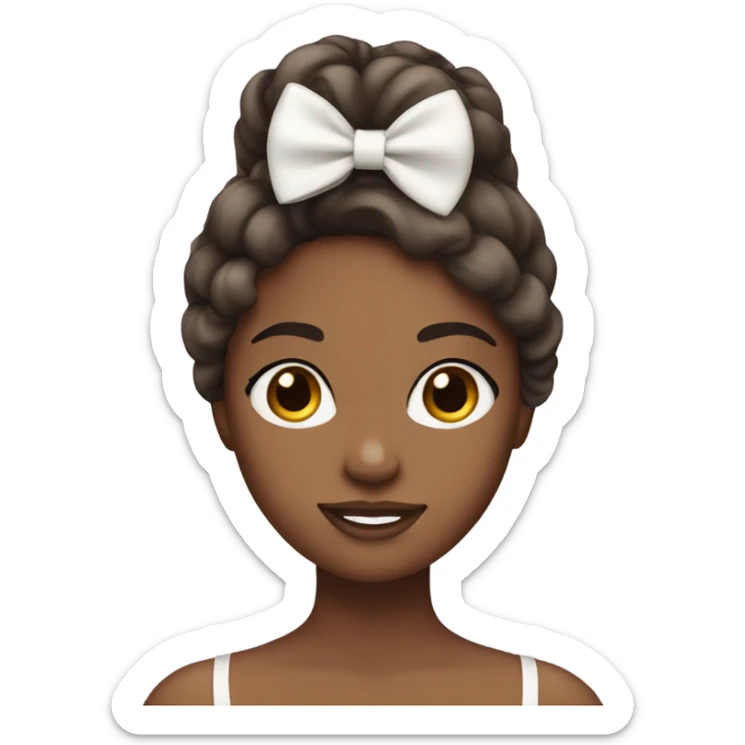Create a girl with brown skin straight hair wearing lashes with a white bow on the side of her hair  sticker