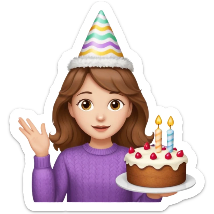 A pretty white girl with hazel brown eyes and brown wavy hair in a cosy white knit sweater, she is celebrating her birthday sticker