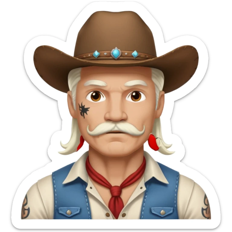 muscular tattooed on face and mustached cowboy long white hair  sticker