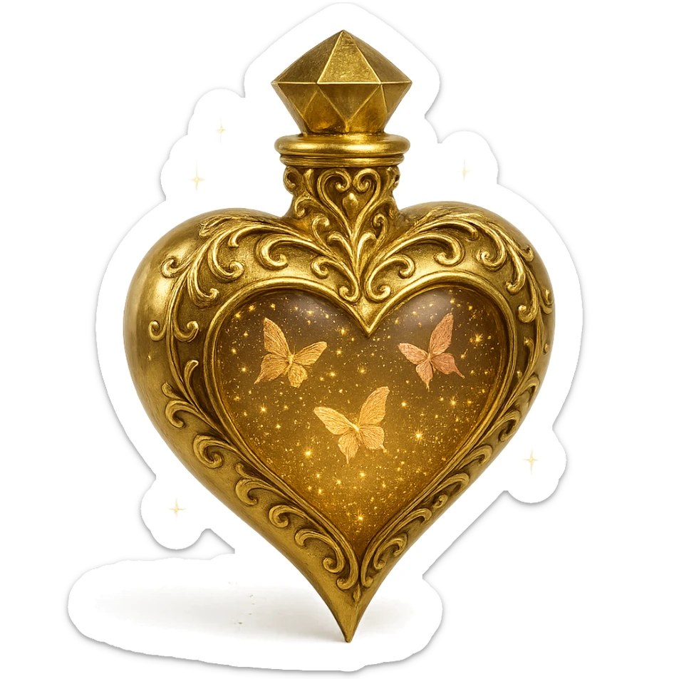 Add ornate, luxurious golden filigree and decorative details around the heart-shaped bottle, inspired by the style in the reference images. Keep it elegant and not too cartoonish. The bottle should remain #c0ff53 with glitter liquid, pink butterflies, magical dust, crystal neck, and a sharp heart point at the bottom. Maintain the composition and transparent background. sticker