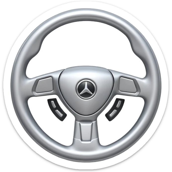 A futuristic steering wheel emoji made of silver chrome, minimal geometric design, smooth metallic surface, soft reflections, iOS emoji style, centered, clean white background sticker