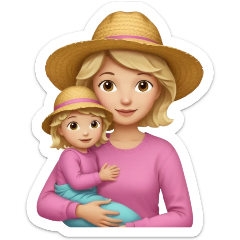 A cheerful wavy short blond hair mom in a straw hat carrying her child, wearing a pink sweater sticker