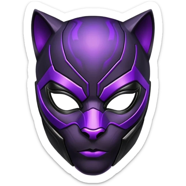 Black Panther superhero face only, black cat-like mask, glowing purple energy effects sticker